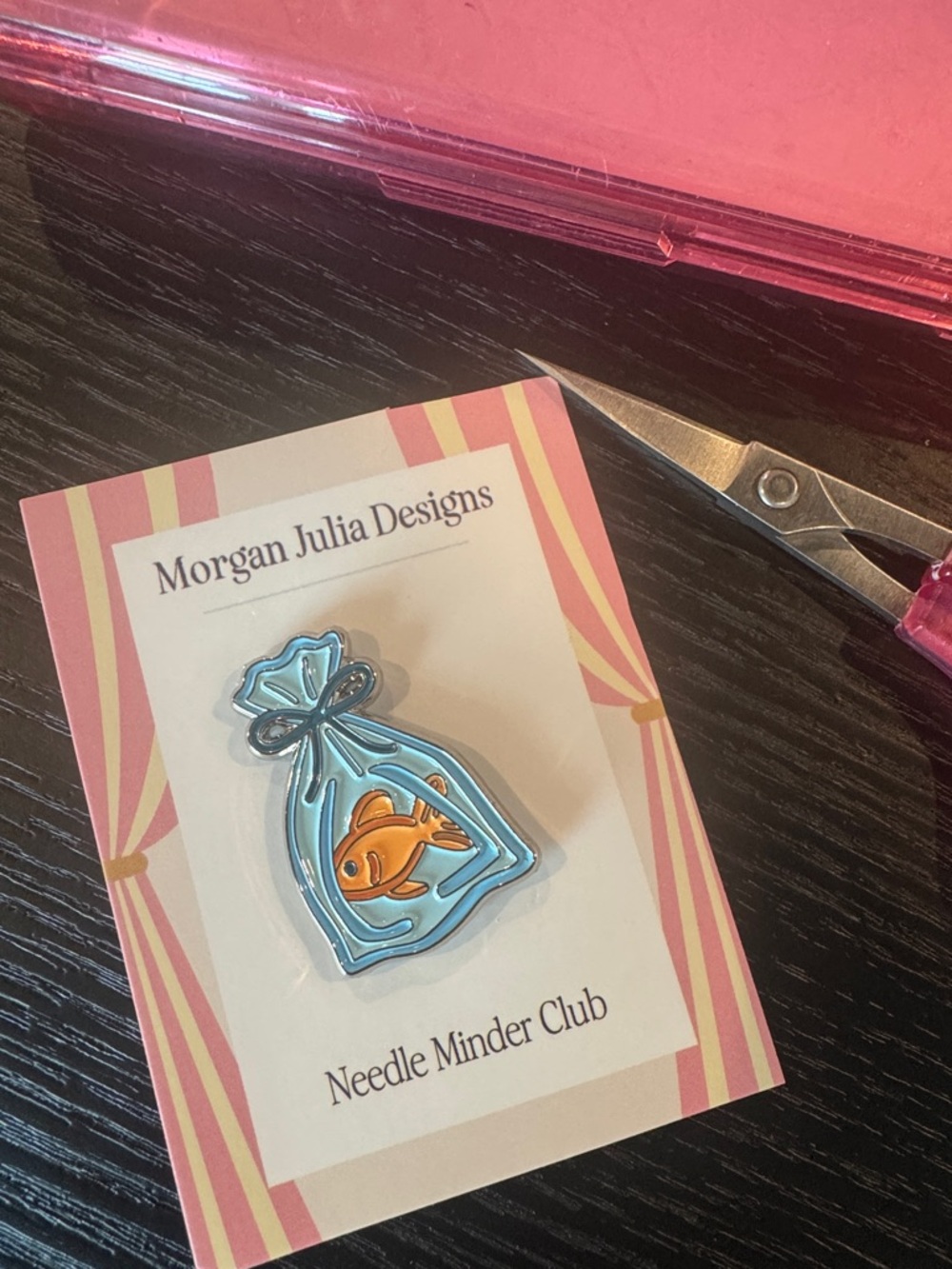 Morgan Julia Designs Blue Fish-in-Bag Needle Minder for needlepoint